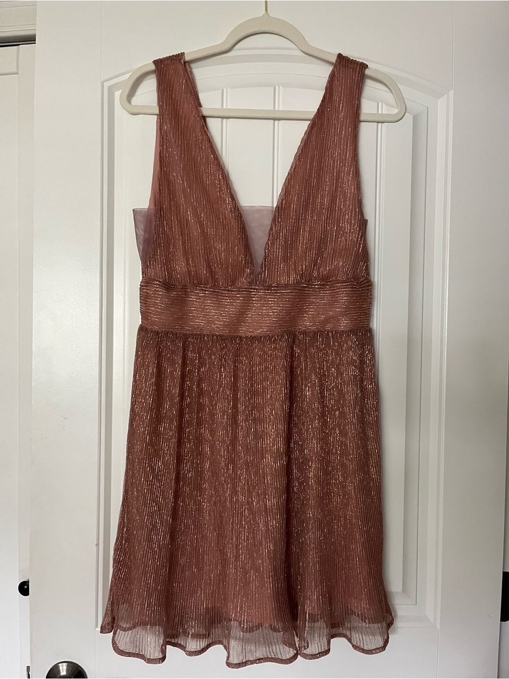 The Latest Scoop, Plunging V-Neck Mini Dress in Rose Gold Metallic